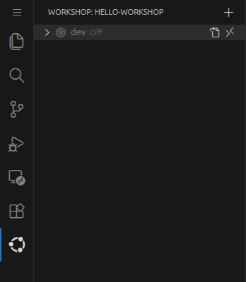 The Workshops view with the dev workshop in the Off state and its inline Reopen in Workshop and Open Definition File buttons